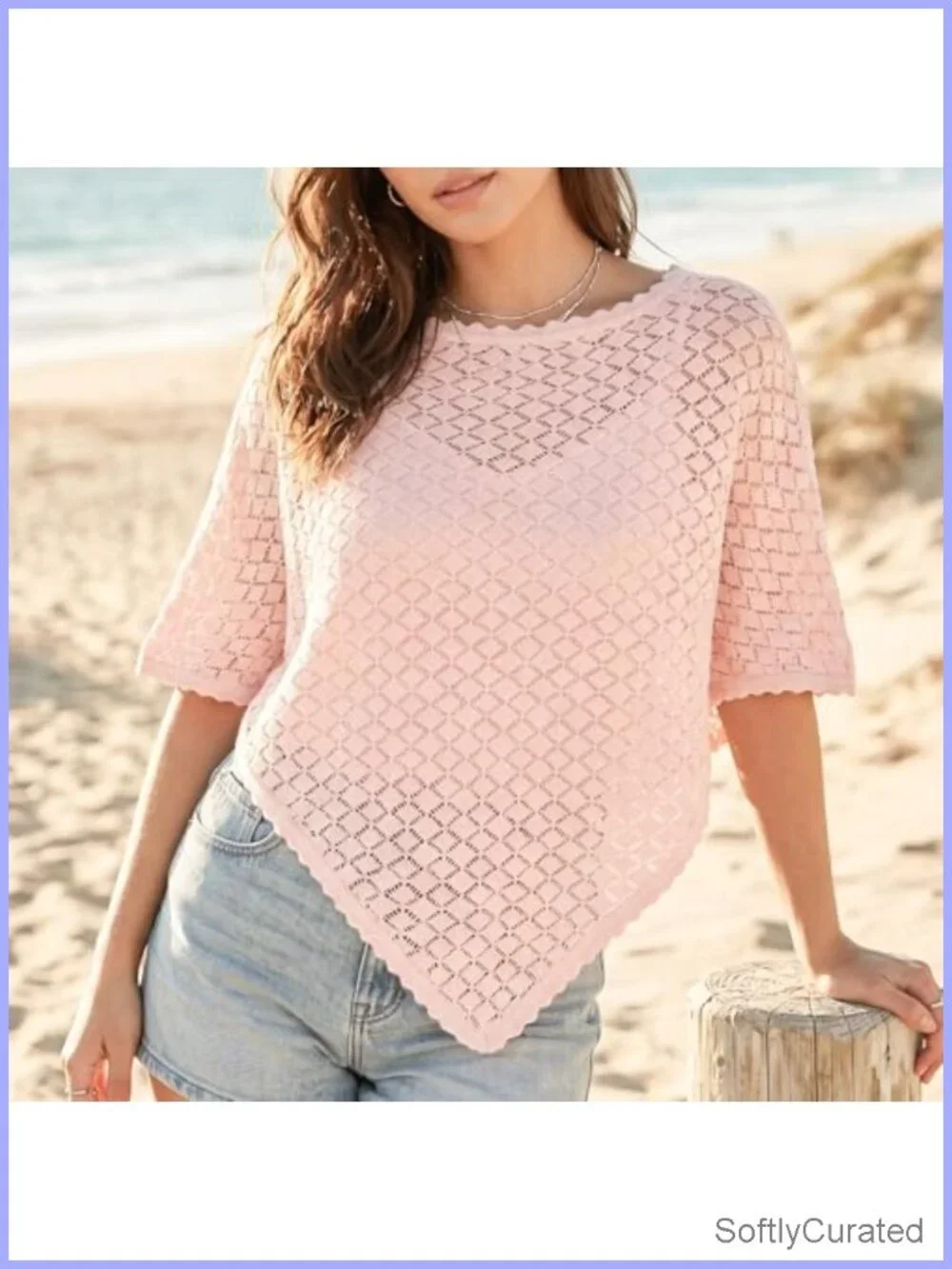 Crochet Batwing Sleeve Scalloped Trim Poncho Open Front Coverup Wrap